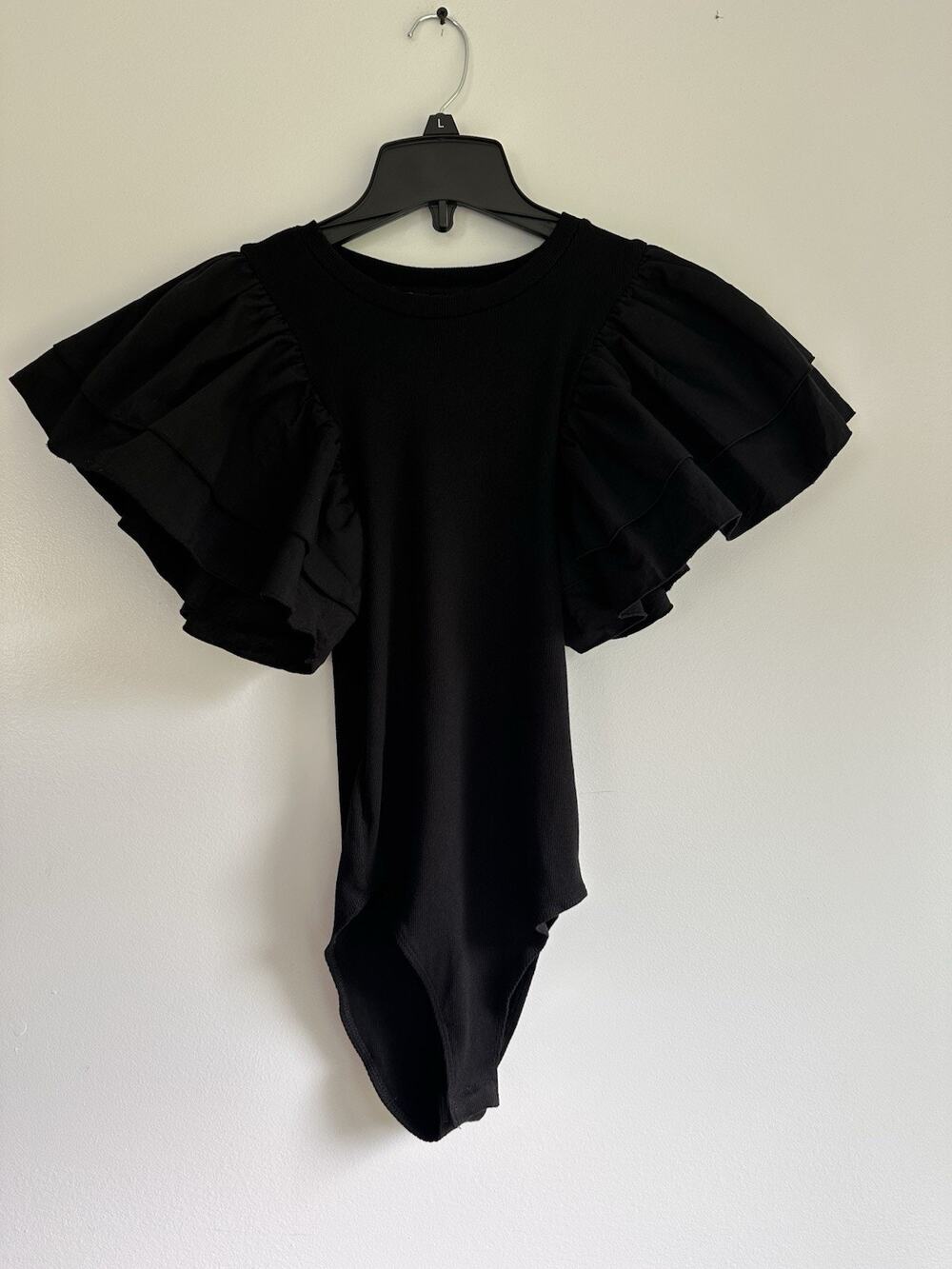 Zara Size Small NEW Black Ribbed Body Suit With Butterfly Sleeves Puffy